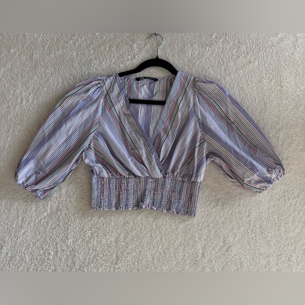 Zara Cropped Striped Puff Sleeves Top Size Medium Multicolor